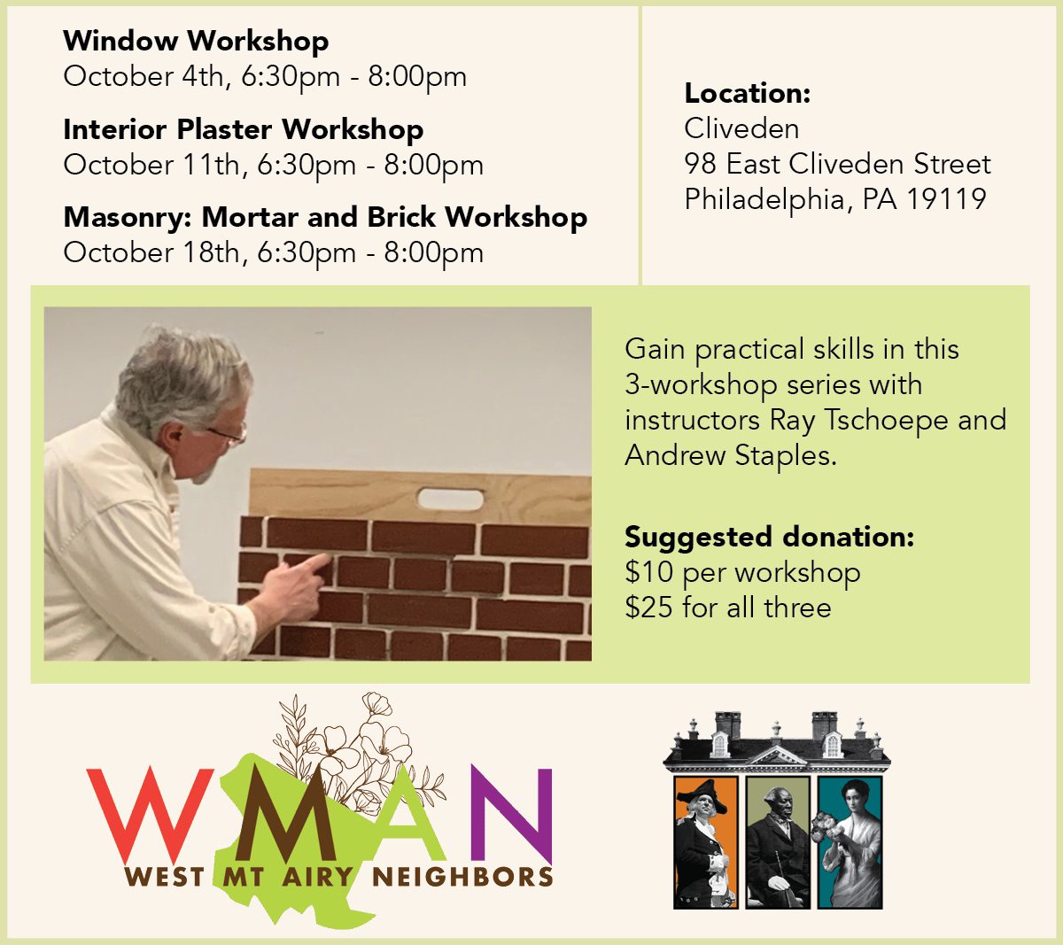 An advertisement for three house care workshops with a photo of a man pointing to the morter on a sample brick wall